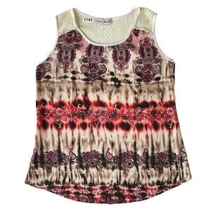 Carol Rose Women’s Sleeveless Blouse size L, Tan Purple & Red, Lace Details